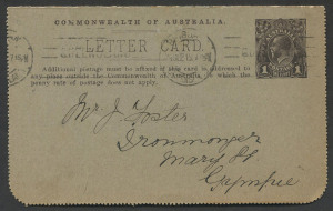 Australia: Postal Stationery: Letter Cards: 1914-18 Military Views (BW:LC25/M3A) 1d KGV Sideface Design P12½ in sepia on Grey to Greenish-Grey Card, pink interior, "H.M.A.S. Melbourne" illustration, 1915 (Sep.29) postal used from Brisbane to Gympie, hing