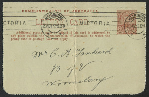 Australia: Postal Stationery: Letter Cards: 1911-12 (BW:LC10/137A) 1d KGV Full-Face Design P10 on Grey Surfaced Card (0.19mm thick), September 1912 Printing in red-brown, "Victor Harbour, South Australia" illustration, vertical fold, 1912 (No.20) postal 