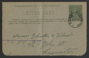 Australia: Postal Stationery: Letter Cards: 1914-18 Military Views (BW:LC25/M8A) 1d KGV Sideface Design P12½, in green on Grey to Greenish-Grey Card, pink interior, "Officers and Crew including H.M. King George ..." illustration, 1915 (Oct.12) postal use