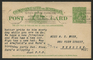 Australia: Postal Stationery: Letter Cards: 1924-25 KGV 1d Green Sideface Die 1 on Unsurfaced Buff Stock, 1924 (Jul.8) postal use, typed message, very fine condition, BW: P61(1) - Cat. $50.