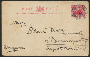 WESTERN AUSTRALIA - Postal Stationery: 1905-06 1½d (struck in violet) on 2d Postal Card PSAC PC14 (H&G #11), 1908 postal use from Fremantle to Budapest, Hungary. [Only 6000 to 8000 cards delivered, postally used examples are rare, especially to unusual