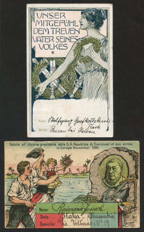 REST OF THE WORLD - Picture Postcards: Paul Kruger - Transvaal President in Exile: Two 1900 postcards expressing sympathy/support for Kruger whilst in exile in Europe, one from Alessandria, Italy, addressed to Paris, the other from Barsdorf Trach, German