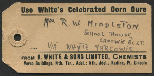 Australia: Postal History: 1939 (Jul.13) use of advertising parcel tag for "White's Celebrated Corn Cure" with KGVI 3d & 1/- Small Lyrebird tied by RUNDLE ST, ADELAIDE' datestamp, addressed to School House, Canowie Belt, fine condition.