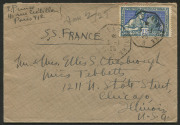 FRANCE - Postal History: 1925 (Jan.3) S.S. France cover to Chicago, USA with 75c Arts Exposition (Dallay #195) solo franking tied by octagonal 'LE HAVRE A NEW YORK/3-1/25' datestamp, fine condition.