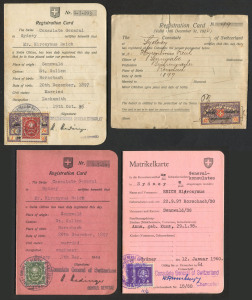 SWITZERLAND: CONSULAR REVENUES: on registration cards comprising 1924 with 5fr & 10fr, 1935 with overlapping 1fr (2) & 3fr, 1944 with 5fr & 1964 with overlapping 3fr (2) all with Consulate General of Switzerland/Sydney handstamps, usually cancelling the stamps. Unusual. (4 items).