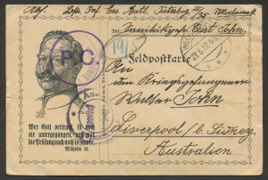 NEW SOUTH WALES - Postal History: 1917 (Mar.29) inwards stampless Prussian Military Postcard (image of Kaiser Wilhem II) from Wloclawek to Sydney with 'Auslandstelle Emmerich/Frei/gegeben' cachet (translates - "Overseas Mail Passed Free at Emmerich" ), B