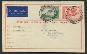 AUSTRALIA: Aerophilately & Flight Covers: 27 Mar. 1936 (AAMC.596a) Sydney - Wilcannia cover, flown by WASP Airlines on the inauguration of the route to connect with Adelaide Airways; WILCANNIA arrival backstamp.