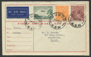 AUSTRALIA: Aerophilately & Flight Covers: 28 Mar. 1936 (AAMC.596a) Dubbo - Sydney return flight cover, flown by WASP Airlines on the inauguration of the route to connect with Adelaide Airways; SYDNEY arrival backstamp.