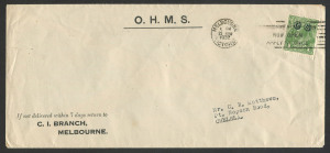 KGV Heads - CofA Watermark: 1d Green overprinted 'OS' solo usage tied by Melbourne slogan cancel to 1932 (Nov.23) C.I Branch OHMS long cover addressed to Chelsea (Vic), flap unsealed, fine condition; BW:82(OS) - Cat. $100 (on cover).