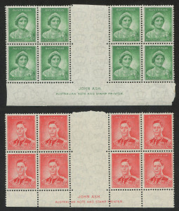 Australia: Other Pre-Decimals: 1937 (SG.165 & 167) 1d green Queen (Die 1) & 2d scarlet King George VI (Die 1), matching Ash Imprint blks.8, MUH. (16).
