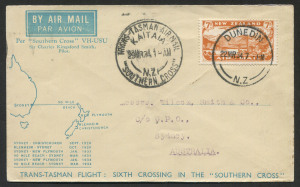 AUSTRALIA: Aerophilately & Flight Covers: 29 Mar.1934 (AAMC.367) Kaitaia - Sydney flown souvenir cover, carried by Kingsford Smith, P.G. Taylor and crew aboard the "Southern Cross"; with NZ 7d Air adhesive tied by DUNEDIN cds.
