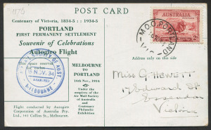 AUSTRALIA: Aerophilately & Flight Covers: 16 Nov.1934 (AAMC.461) Melbourne - Portland flown souvenir card #1176, carried by Autogiro and with the "AIRMAIL SOCIETY OF AUST. - MELBOURNE" blue cachet.