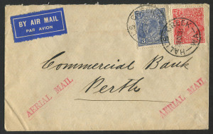 Australia: Postal History: Oct.1931 usage of KGV 2d red + 3d blue on a commercial airmail cover from HALL'S CREEK to Perth; with accompanying map showing the route and the stop-off points.