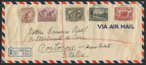 Australia: Postal History: Nov.1936 usage of 1/- Victorian Centenary, 6d sepia Airmail, 1/6 No wmk Hermes, 6d Typo Kookaburra and 2d Dark Hill Macarthur (3/8 total) on registered airmail cover from Sydney to TRIESTE and on to PORTOROSE (now PORTOROZ in S