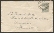 Kangaroos - Third Watermark: 1916 (Nov.11) solo usage of 2d grey tied by 'LATE FEE/SPENCER STREET' (Melbourne) to plain bank cover (few edge tones) addressed to Brisbane, Cat. $150 on cover.