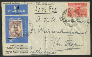 Australia: Postal History: April 1936 airmail cover from Sydney to The Hague, Netherlands; endorsed "LATE FEE" and bearing a 2/- Roo + 2d Cable which would cover the rate for delivery by air from Paris to Holland as well as the 1d Late Fee. With Paris & 