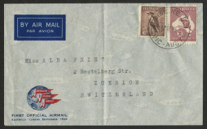 AUSTRALIA: Aerophilately & Flight Covers: 15 Sept. 1946 (AAMC.1066) Australia - Canada first flight A.N.A. cover bearing 2/- Roo + 6d Kooka tied by "BURKE RD E9 - VIC" cds, paying the 2/6 rate via this service to Europe, for delivery to Switzerland.