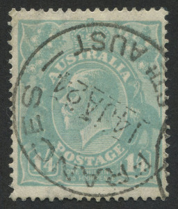 SOUTH AUSTRALIA - Postmarks: FRANCES: superb and largely complete strike of 'FRANCES/14JA24/STH AUST' datestamp on well centred KGV Single Wmk 1/4d greenish blue.