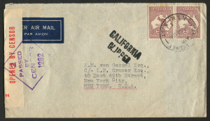 AUSTRALIA: Aerophilately & Flight Covers: 5th Nov.1941 airmail cover from Sydney to New York VIA FIJI; franked 4/- and with "CALIFORNIA CLIPPER" handstamp in balck; censor tape and stamp at left. This was the next-to-last flight, as after the next flight