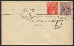 Australia: Postal History: 1923 (Sep.1) commercial cover to USA with unusual combination franking of KGV Single Wmk 1d violet and 2d red tied by SYDNEY machine cancel, underpaid 1d with 'NSW/T/30' Shield tax handstamp.