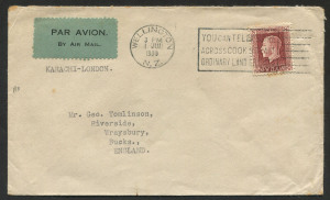 NEW ZEALAND - Aerophilately & Flight Covers: 1 July 1930 (NZAC.36) cover from first New Zealand acceptance, Western Australian Airways Ltd/Imperial Airways Ltd. Dispatched from Wellington on 4th July 1930, by sea to Sydney, forwarded by rail to Adelaide, flown Adelaide to Perth, arriving at Fremantle to catch the outgoing mail by sea to Colombo, then overland to Karachi, the Indian terminus of the Imperial Airways service. Maximum of 10 letters were carried. (Illustrated at page 25 of Airmails