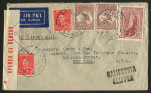 Australia: Postal History: A MYSTERY AIRMAIL COVER TO THE U.S.A.: 2 July 1941 censored airmail cover from Sydney to New York, franked 9/4, which would pay for up to 1oz by air via Singapore, Hong Kong (via Bangkok), and San Francisco (4/8 per ½oz). Howev