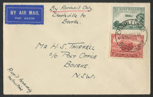 AUSTRALIA: Aerophilately & Flight Covers: 13 Dec.1934 (AAMC.472a) Charleville - Bourke cover (3d Air + 2d Dark Hills) carried by Butler Air Transport in association with the opening of the England - Australia airmail. A scarce example flown only between 