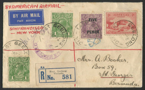 Australia: Postal History: AUSTRALIA TO BERMUDA: 28 April 1932 registered cover from EAST GEELONG, carried by ship to SAN FRANCISCO and INTERNAL U.S. AIRMAIL to NEW YORK; thence by surface to BERMUDA. The rate was 2d surface rate to a British Empire memb