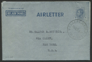 Australia: Postal History - World War II - Military: 1956 use of 7d Post Office Aerogramme BW: A3, with fine strike of 'RAAF PO ALLONVILLE/27JE56/NSW AUST' datestamp, typed address to USA.