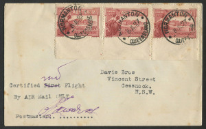 Australia: Postal History: 8 July 1927 Normanton - Cloncurry - Charleville flown cover, carried by QANTAS on their 2nd airmail flight over this route; the cover then carried by train via Brisbane to Cessnock, N.S.W. Signed by the postmaster. Accompanied 