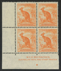 Australia: Other Pre-Decimals: 1938 (SG.164) ½d orange Kangaroo, perf.13.5 x 14, McCracken Imprint blk.(4) with variety BW.178ma "Fungus flaw on branch behind kangaroo retouched (branch broken)", superb MUH. BW:178ze - Cat.$300.