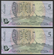 Decimal Banknotes - Australia: 1992 $5 Fraser/Cole, with pale green serial numbers, R214i; consecutive pair, Unc. (2).