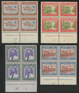 SAMOA: 1939 (SG.195-198) 25th Anniv. of New Zealand Control 1d to 7d set in Plate 'A1' Bradbury Wilkinson imprint blocks of 4, MUH, Cat �48++