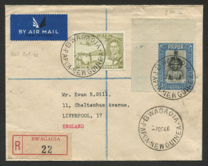 PAPUA - Postal History: 1946 (Oct.7) Gill registered airmail cover to Liverpool with 1/6d Airmail & 3d Pictorial tied by BWAGAOIA datestamp, black/red registration label, RELIEF No 2 (applied at Port Moresby) & SYDNEY transit backstamps.