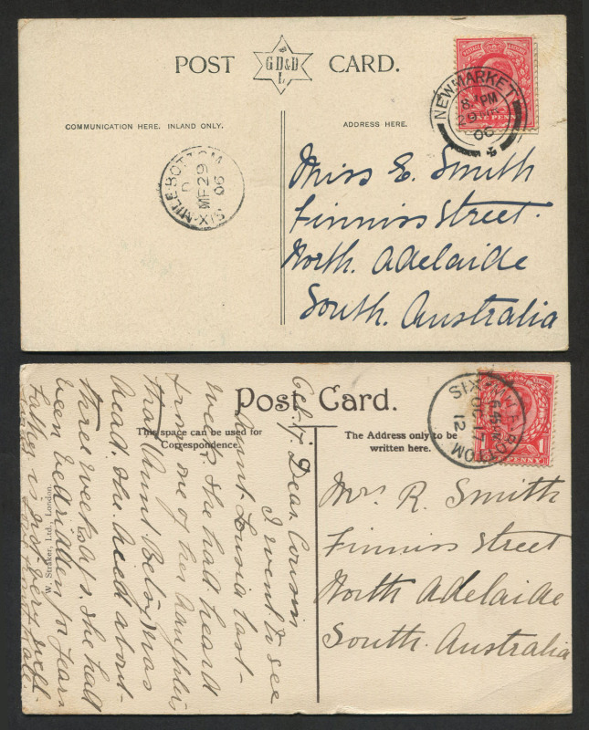 GREAT BRITAIN: POSTMARKS - SIX-MILE-BOTTOM: 1906 21mm diameter strike on PPC from Newmarket to Adelaide, Australia and 1912 24mm diameter strike tying stamp to PPC to the same addressee.