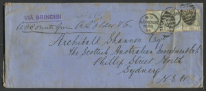NEW SOUTH WALES - Postal History: 1885 (Nov. 20) Elder & Co inwards cover to Sydney from London via Brindisi with 1/- green SG.196 pair (Cat. £625 each on cover) & 6d (Cat £380 on cover) tied by LONDON duplex cancels, on reverse complete company seal an