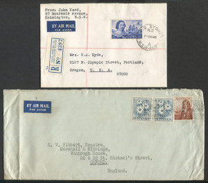 Australia: Other Pre-Decimals: 1963-65 (SG.355-56) Navigators on-cover usage comprising 4/- Tasman solo franking on 1963 (Nov.5) registered cover to USA and 5/- Dampier (plus 2/- Flower x2) on 1965 (Sep.23) quadruple rate cover to England; on-cover Cat $