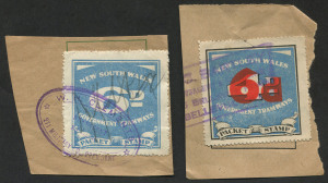 NEW SOUTH WALES: Revenues: NSW - Government Tramways: 1937-49 6d blue and 6d (in red) on 4d blue, both on piece with retail newsagent cancellations, Elsmore Online Cat.$120. (2)