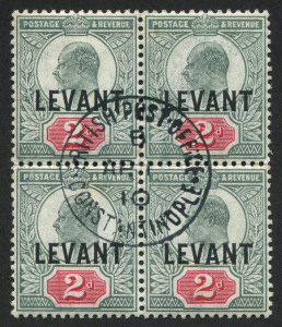 British Levant: 1905-12 (SG.L4a) KEVII 2d grey-green & carmine-red block of 4 superb used with 1910 'BRITISH POST OFFICE/CONSTANTINOPLE' centrally struck datestamp, Cat �34+.