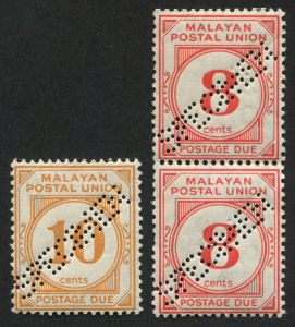 MALAYA: MALAYAN POSTAL UNION: 1936 (SG.D3s & D4s) Postage Dues 6c scarlet vertical pair & 10c yellow-orange single, perforated 'SPECIMEN', MUH.