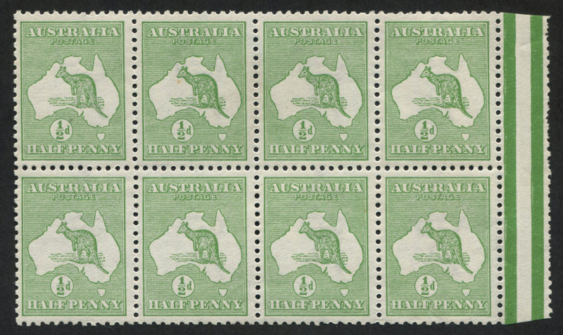 Kangaroos - First Watermark: ½d Green marginal block of 8 (4x2), MVLH with three units MUH.