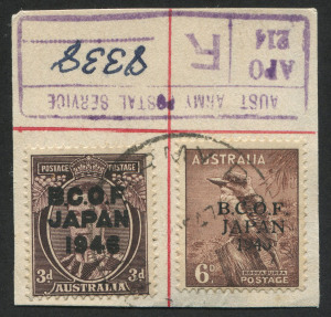 BCOF Japan: 1946-47 (SG.J3-J4) 3d & 6d Overprints tied to small piece with boxed 'AUST ARMY POSTAL SERVICE/APO214' registration handstamp above.