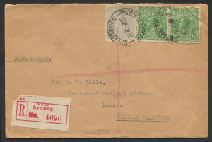 NAURU: POSTAL HISTORY: 1923 (May 31) inwards registered cover from Sydney, addressed to Assistant Medical Officer, with KGV 4d utramarine & �d green pair tied by 'REGISTERED/SYDNEY NSW; datestamps, red/white registration label, SYDNEY backstamp, no arrival backstamp.