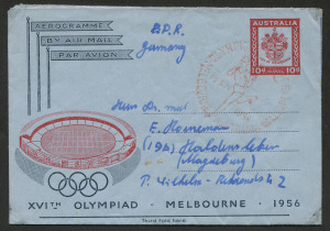 Australia: Postal Stationery: Aerogrammes: 1956 (BW:A9) 10d Olympic Games addressed to Germany with 'OLYMPIC PHILATELIC EXHIBITION/12NOV/FDC' pictorial cancel (APM: 1206), being the first day of issue for this aerogramme.