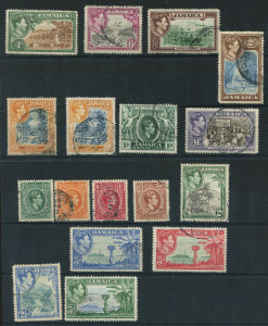 JAMAICA: 1938-52 (SG.121-133a) KGVI Pictorials set (excl. 1d blue-green & 9d, extra 5/- shade), fine used, Cat. �50.