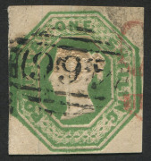 GREAT BRITAIN: 1847-54 (SG.55) Embossed 1/- green, cut square with complete margins, BN '466' cancel, fine used, Cat. �1000.