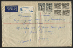 Australia: Postal History: 1952 (Dec. 4) French Ambassador's registered cover to Paris with 1/6d Hermes (2) & 9d Platypus (4) tied MANUKA (ACT) datestamp, blue/white registration label, MANUKA, AIR MAIL CANBERRA, SYDNEY & PARIS backstamps, central fold c
