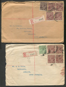 Australia: Postal History: 1919-20 W.H. Robinson (stamp dealer, Brisbane) registered cover to SA (2), each with KGV LMult Wmk frankings comprising 1919 (Jun.24) with 1½d red-brown (4) & 1½d black-brown and 1920 (Sep.8) with 1½d red-brown block of 4 & ½d 
