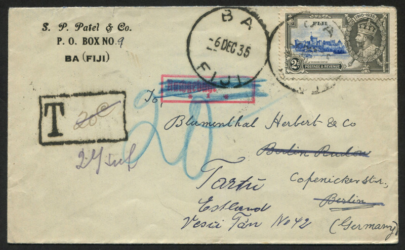 FIJI - Postal History: 1935 (Dec.6) S.P. Patel & Co (Ba) underpaid commercial cover to Berlin, with 2d Jubilee tied by BA datestamp, tax handstamps, redirected on arrival to Tartu, Estonia.