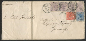 NEW SOUTH WALES - Postal History: 1888 (Jan.20) Max Wurcker (Sydney) 2/3d rate cover to Germany via Brindisi with QV 6d (4, incl.pair) plus 2d & 1d tied by SYDNEY datestamps, with Train Mail TPO 'K.B. BAHPOST. Kuft-Mchen' (Kufstein-Munchen) transit & LEI